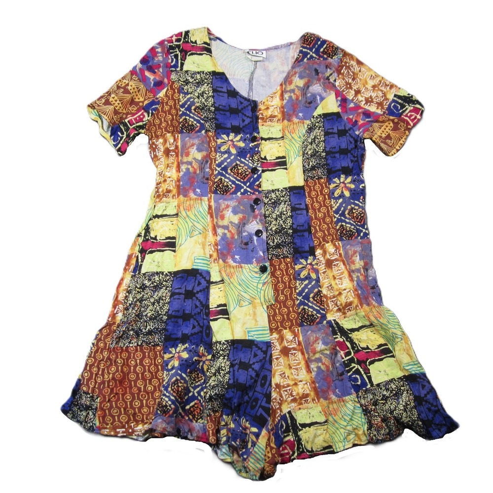 Vtg 90s Clio Patchwork Romper S Colorful Short Sleeve Button Boho Festival Artsy